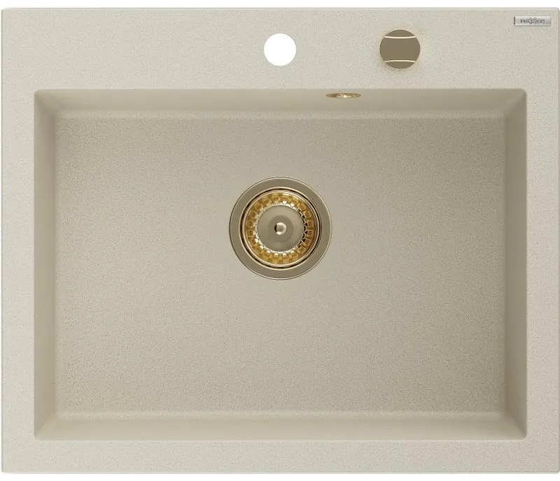 Mexen Elix, 1-korový granitový drez 600 x 500 mm, béžová, zlatý sifón, 6525601005-69-G
