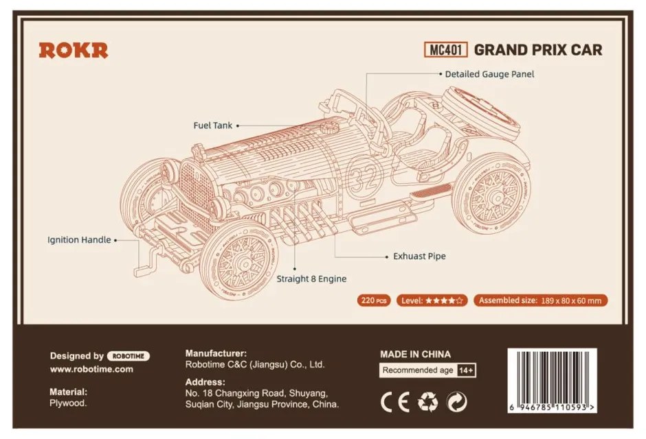 Robotime 3D drevené puzzle Závodní veterán Grand Prix car 1:16 220 ks