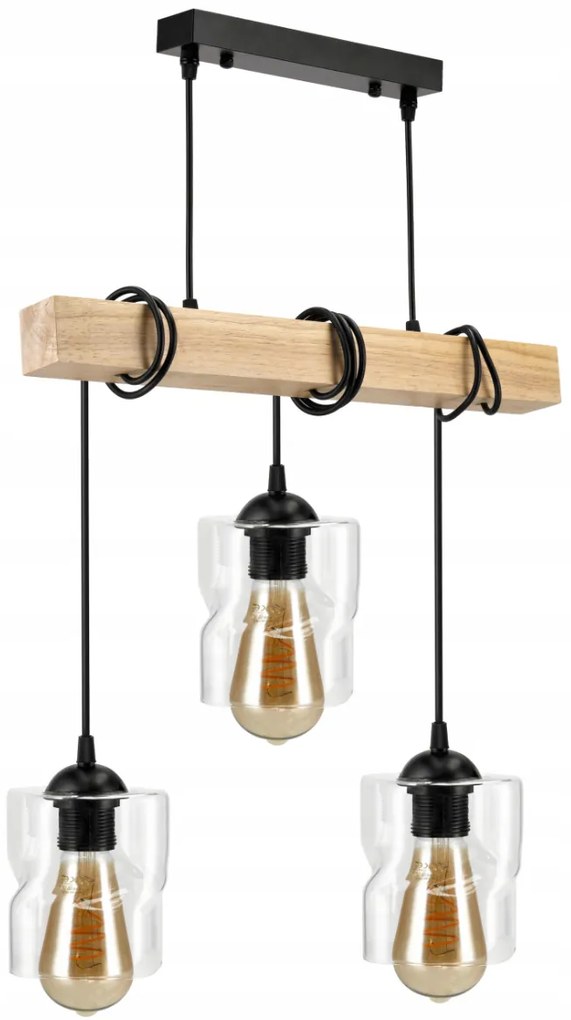 BERGE LED závesné stropné svietidlo, drevený trám, 3xE27 Štvorcový luster, rolovaný