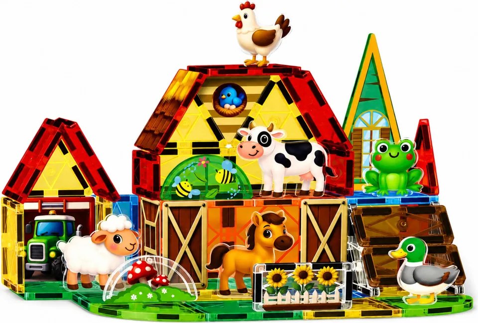 LEAN Toys Magnetické stavebné kocky – domáce a hospodárske zvieratá, farma, 54 ks.