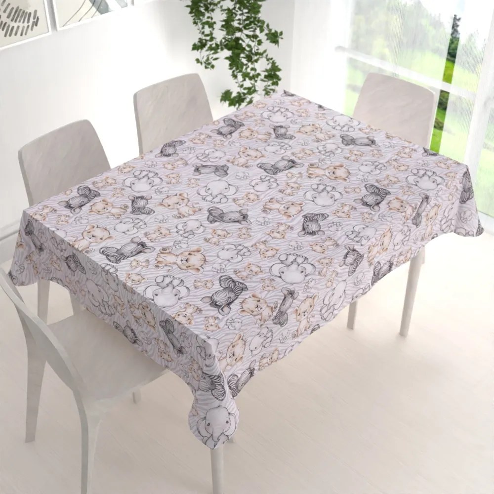 Biante Detský bavlnený obdĺžnikový obrus Sandra SA-335 Africké zvieratká na sivom zebrovanom 60x100 cm