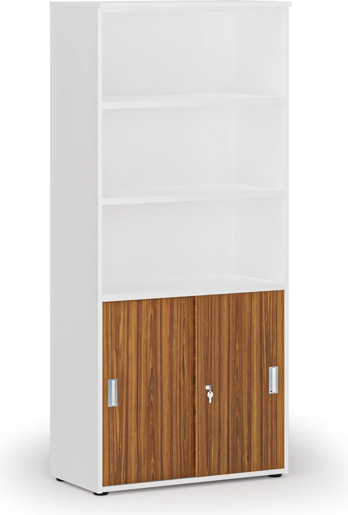 Kombinovaná kancelárska skriňa PRIMO WHITE, zasúvacie dvere na 2 poschodia, 800 x 420 x 1781 mm, biela/orech