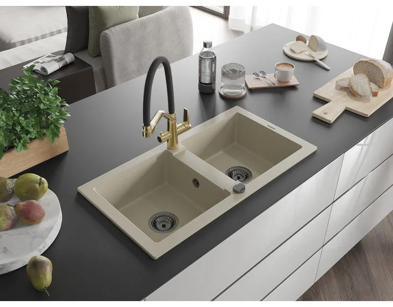 Mexen Mario, granitový drez 820x436x161 mm, 2-komorový a drezová batéria Duo, béžová, 6504-69-671701-57-B