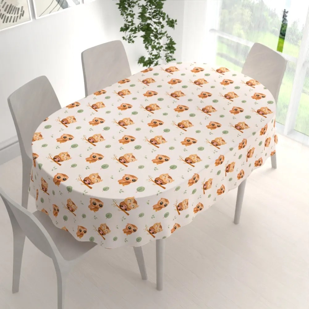 Biante Detský bavlnený oválny obrus Sandra SA-616 Sovičky na vetvičkách na bielom 60x100 cm