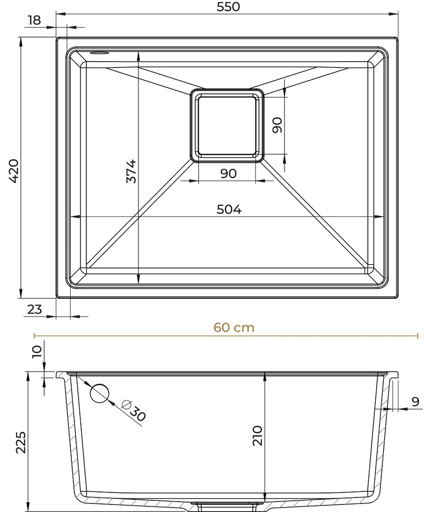 Sink Quality Argon 60, kuchynský granitový drez 550x420x225 mm + chrómový sifón, čierna, SKQ-ARG.C.1KBO.60.X