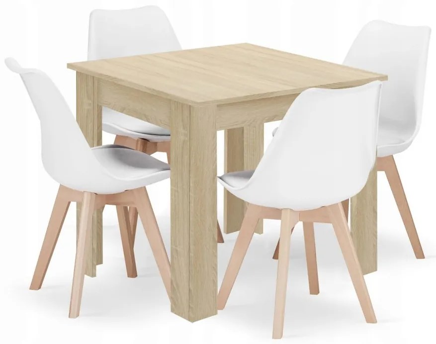 Jedálenská zostava stôl Dub sonoma 80 X 80 hnedé nohy + 4 stoličky MARK biele/ prírodné nohy
