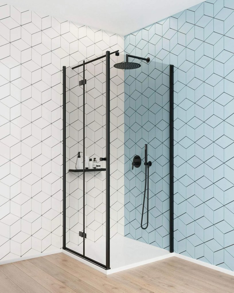 Deante Kerria Plus, skladacie sprchové dvere do otvoru 90x200cm, 6mm číre sklo s ActiveCover, čierny profil, KTSXN41P