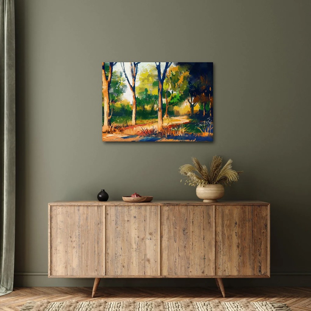 Obraz lesa v letnom slnku, maľba (70x50 cm)