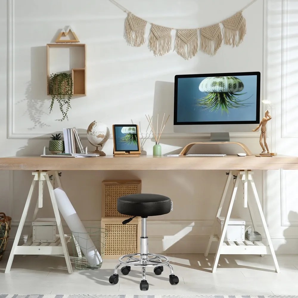 Taburetka na kolieskach OXANA s opierkou na nohy, Ø35cm, čierna Casaria