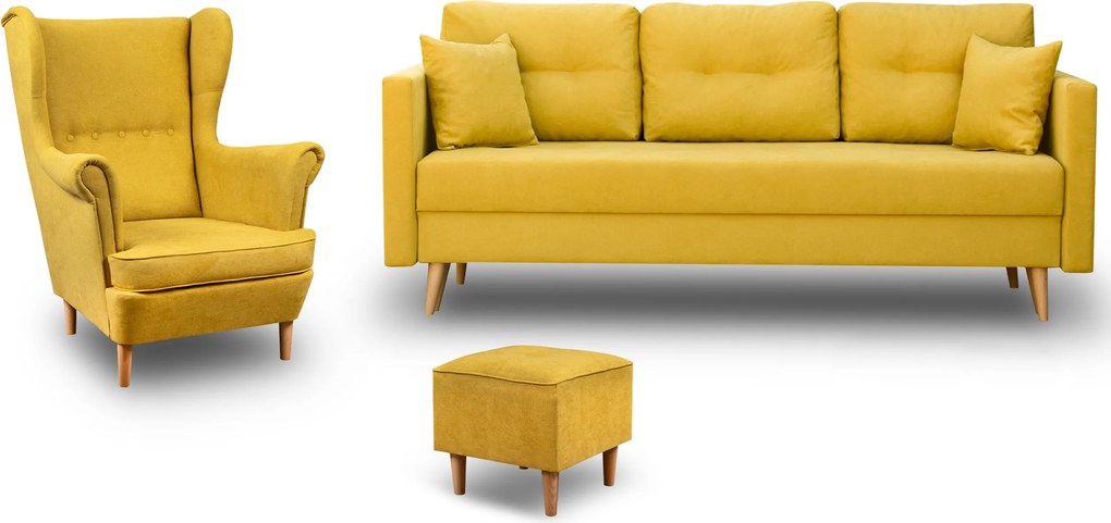 Sada Do Obývačky Škandinávska Pohovka Kreslo Podnožka Z Horčice