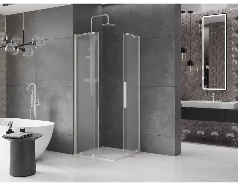 Mexen Velar Duo, sprchový kút s posuvnými dverami 90 x 90 cm, 8mm sklo námraza, brúsená oceľ, 871-090-090-32-97