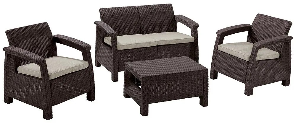 Tmavohnedá záhradná lounge súprava z umelého ratanu pre 4 Corfu – Keter