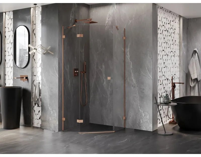 Mexen Lunar, päťuholníkový sprchový kút s ľavým sklonom 80 x 80 cm, 8mm číre sklo, profil medená matná, 831-080L-080P-65-00-L