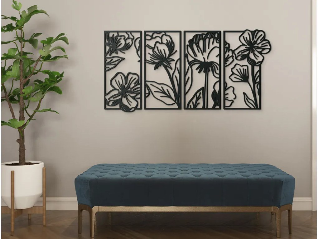 drevko 4-dielny obraz na stenu Kvety Rozmer obrazu: 32 x 65 cm, Farba dekorácie: Čierna