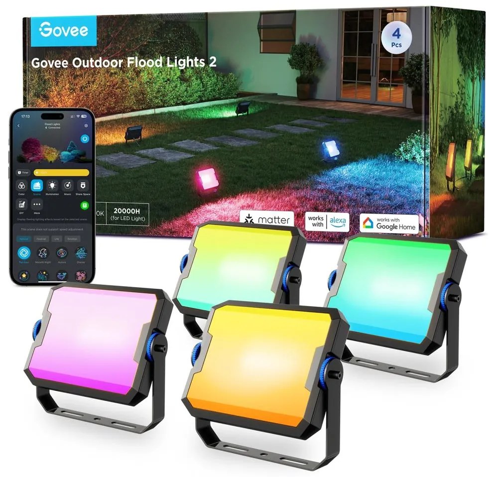 Govee - Súprava 4× stmievateľných LED reflektorov RGBICWW, 24 W, 230 V, IP66, s podporou Matter a Wi‑Fi