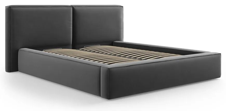 Tmavosivá zamatová čalúnená dvojlôžková posteľ s úložným priestorom s roštom 180x200 cm Arendal – Cosmopolitan Design