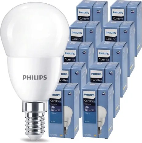 10x LED žiarovka PHILIPS E14 72 – studená farba 6500K 230V CorePro