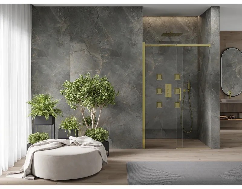 Mexen OMEGA posuvné sprchové dvere do otvoru 140 cm, zlatá-transparentná, 825-140-000-50-00
