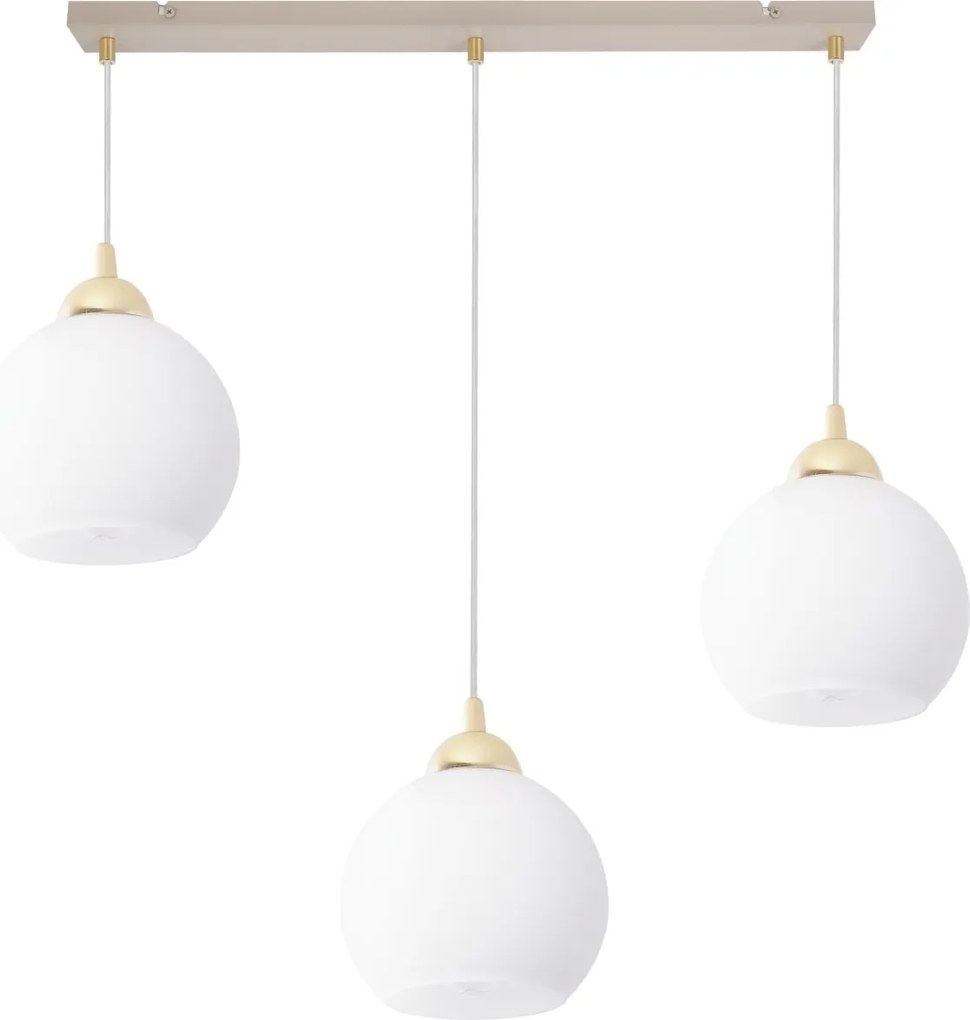 Závesné svietidlo Eliza, 3x biele sklenené tienidlo, g/be