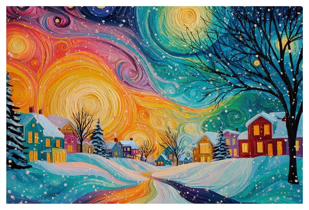 Vianočný obraz zimná rozprávka zasneženej dediny