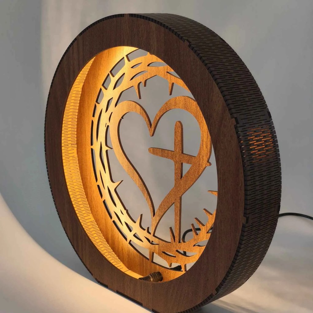 Drevená LED lampa Srdce s krížom a tŕňovou korunou | JEZUE: HDF - Orech 20 cm 4779-115090 LED0600