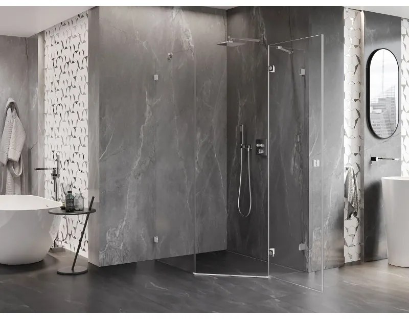 Mexen Lunar, pravý výklopný päťuholníkový sprchový kút 90 x 100 cm, 8mm číre sklo, chrómový profil, 831-090P-100L-01-00-P