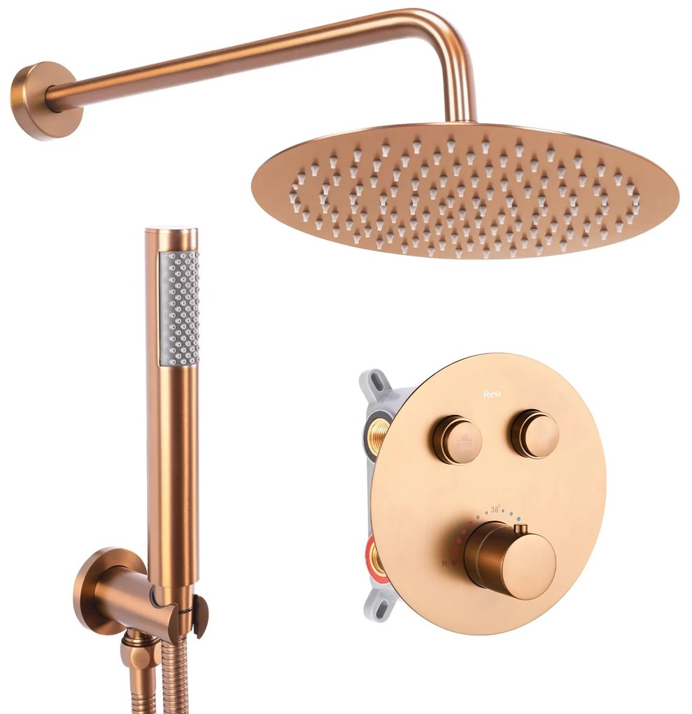 Rea Lungo, termostatický sprchový set pod omietku s dažďovou hlavovou a ručnou sprchou, medená matná, REA-P8808