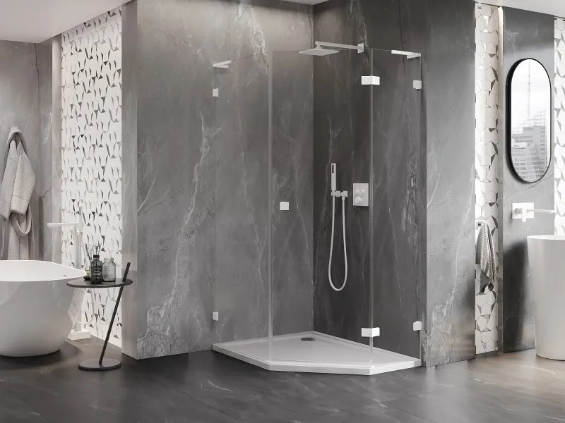 Mexen Lunar, L pravý výklopný päťuholníkový sprchový kút 90 x 100 cm, 8mm číre sklo, biely profil, 831L-090P-100L-20-00-P