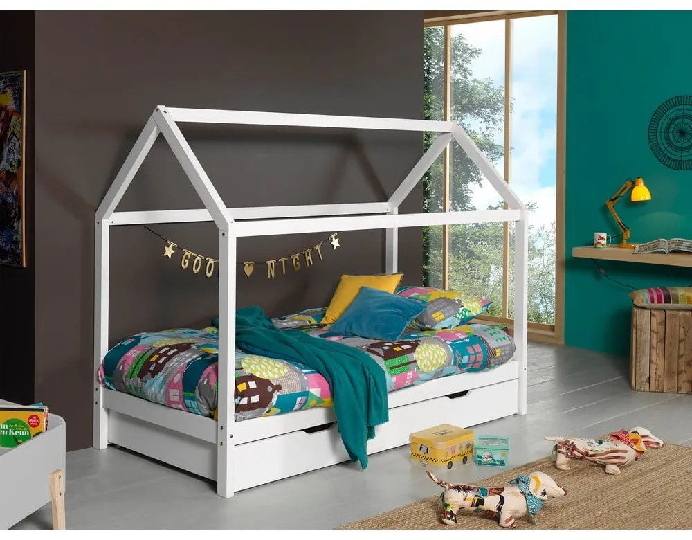 Biela domčeková detská posteľ z borovicového dreva s výsuvným lôžkom a úložným priestorom 90x200 cm DALLAS – Vipack