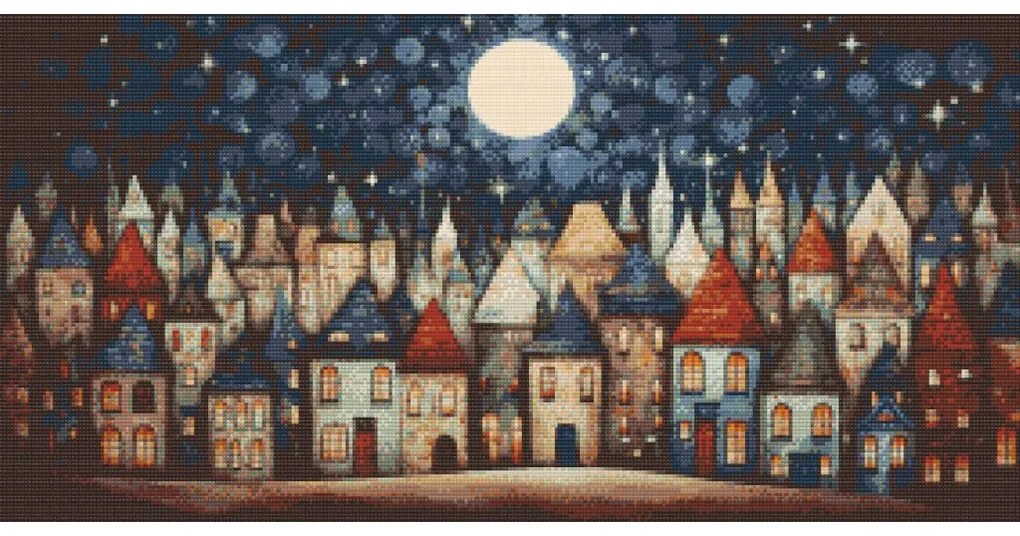 Gario Diamantové maľovanie Domčeky v noci Rozmery: 40 x 80 cm, Rámovanie: Iba zrolované plátno, Diamanty: Štvorcové