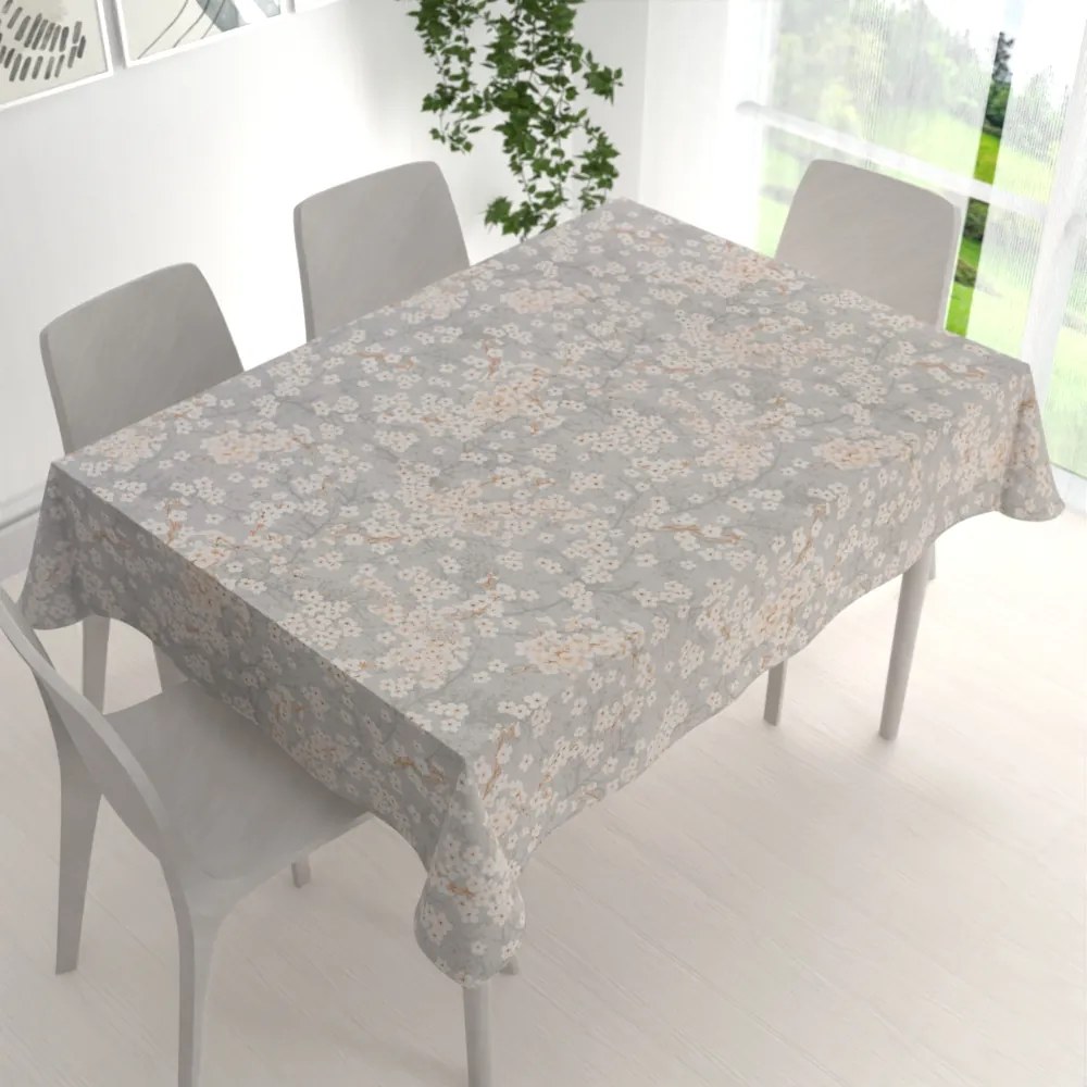 Biante Bavlnený obdĺžnikový obrus Sandra SA-634 Biele čerešňové kvety na sivom 140x220 cm
