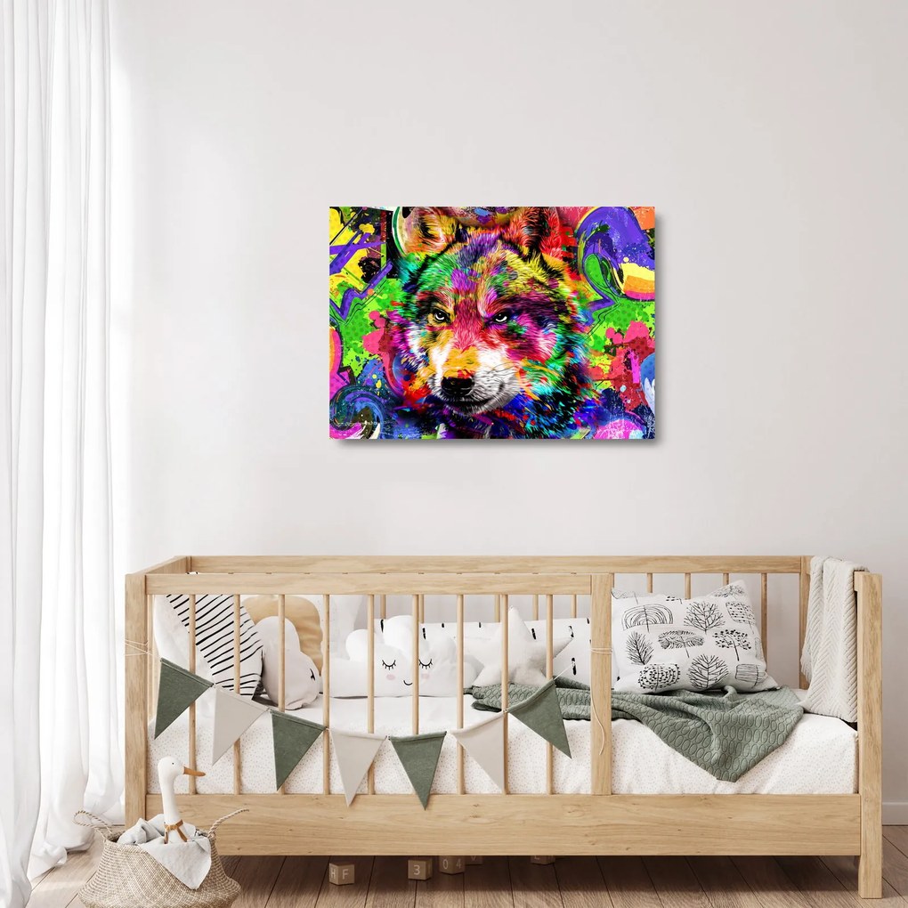 Sklenený obraz - Vlk s graffiti (70x50 cm)