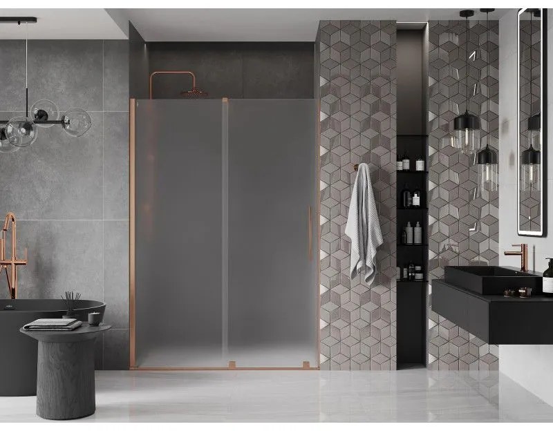 Mexen Velar, posuvné sprchové dvere do otvoru 130 cm, 8mm sklo námraza, medená matná, 871-130-000-31-65