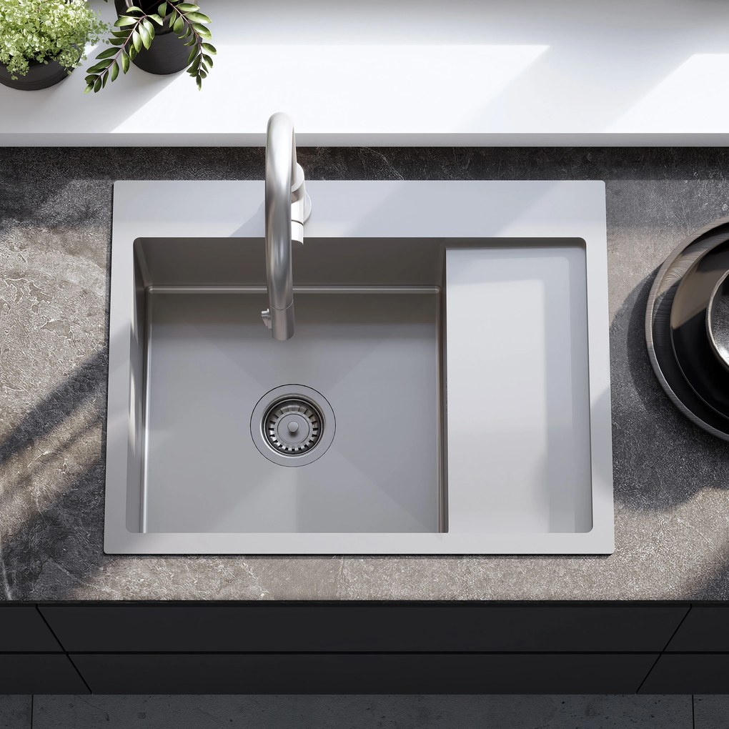 Rea Fin, 1-komorový oceľový drez 620x480x185 mm, brúsená oceľ, ZLE-06012