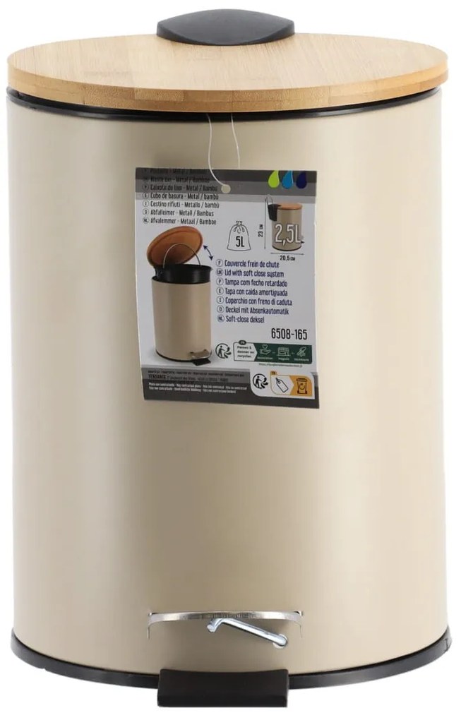 Odpadkový kôš Timeless, svetlobéžová/s drevenými prvkami, 2,5L