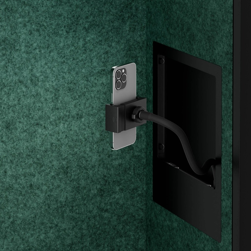 Kancelárska akustická kabína so sedadlom a portom USB-C, telo v čierny farbe / sedadlo v zelenej farbe, 1150 mm: SALLY MentalBox