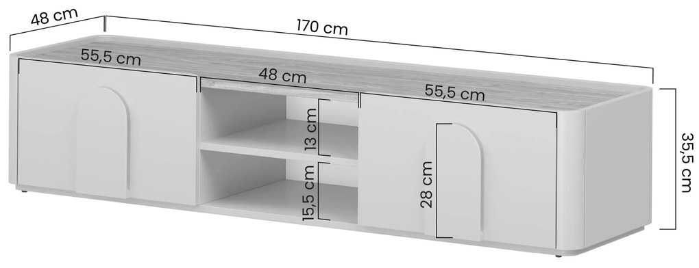 TV stolík Amilio 170 cm so zásuvkou - kašmír / olejovaný dub / úchytky svetlý dub