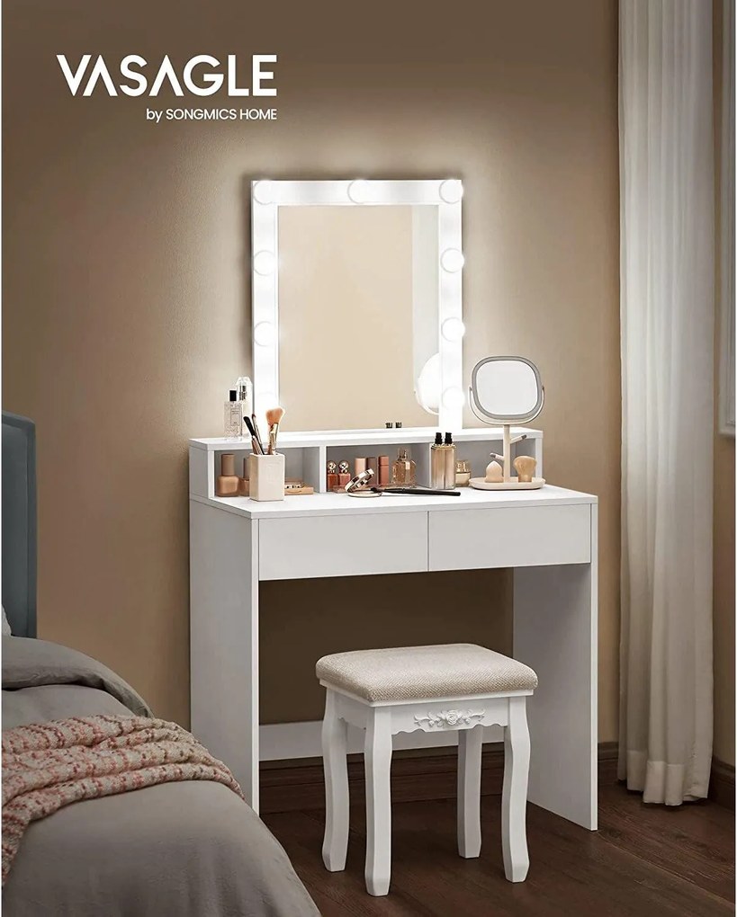Toaletný stolík so zrkadlom a žiarovkami, 80 x 145 x 40 cm, biely
