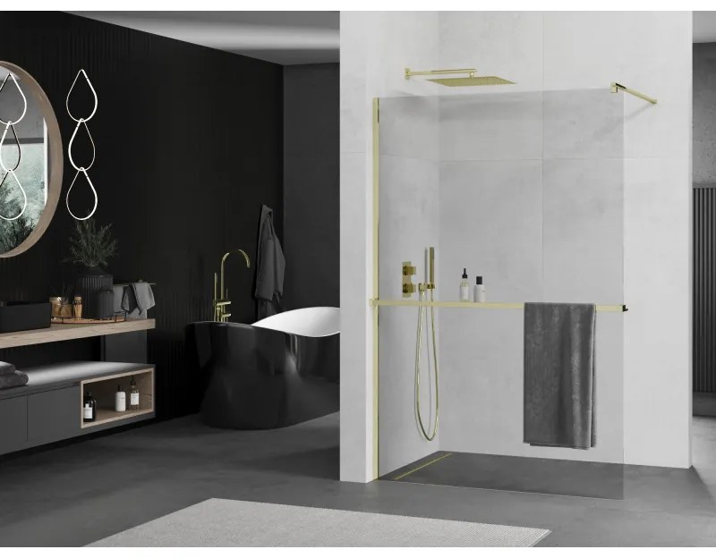 Mexen Kioto, sprchová zástena Walk-In Walk-in 125 x 200 cm, 8mm číre sklo, zlatý lesklý profil + vešiak na uteráky s poličkou, 800-125-121-50-00