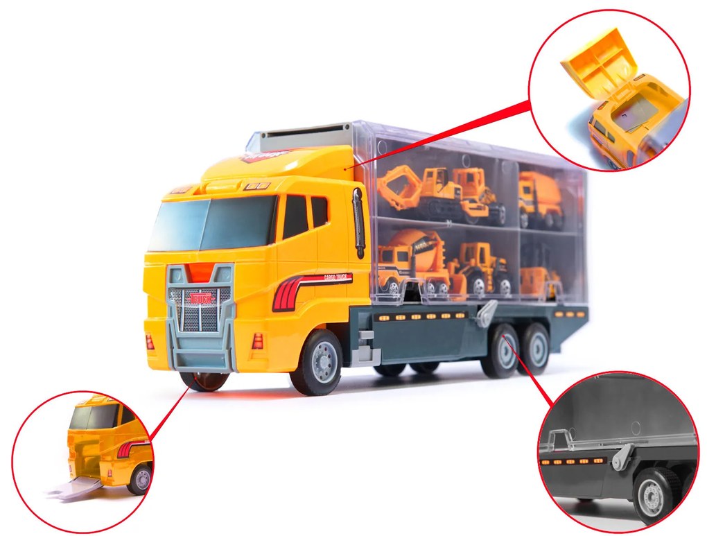 KIK Transporter truck TIR launcher + kovové autá stavebné stroje