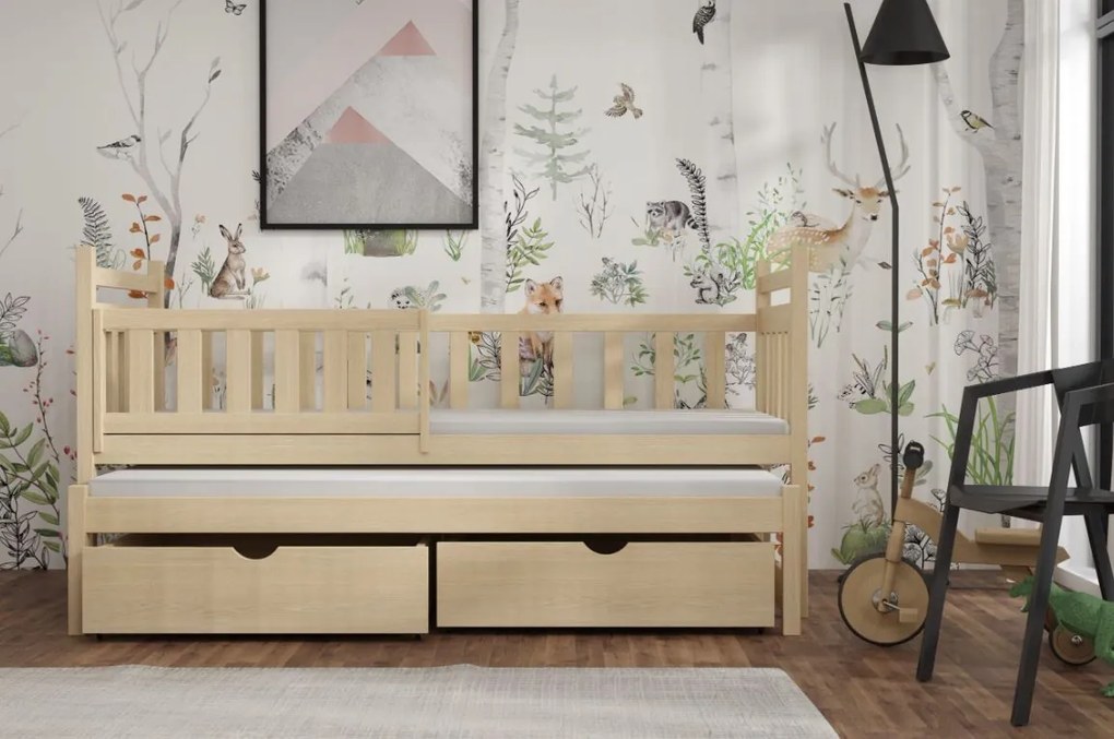 Detská posteľ z masívu borovice PROKOP s prístelkou a šuplíkmi - 200x90 cm - PRÍRODNÁ BOROVICA