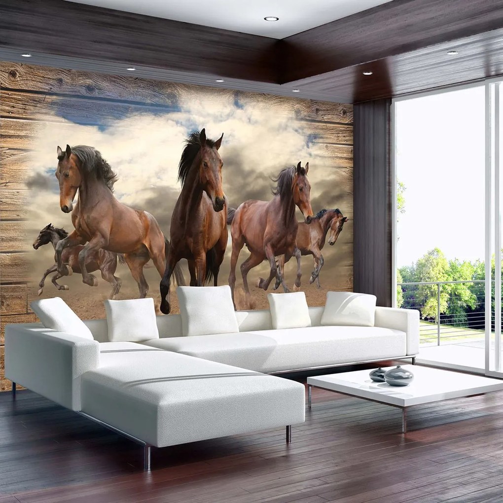 Fototapeta - Cval koňa na drevených doskách (254x184 cm)