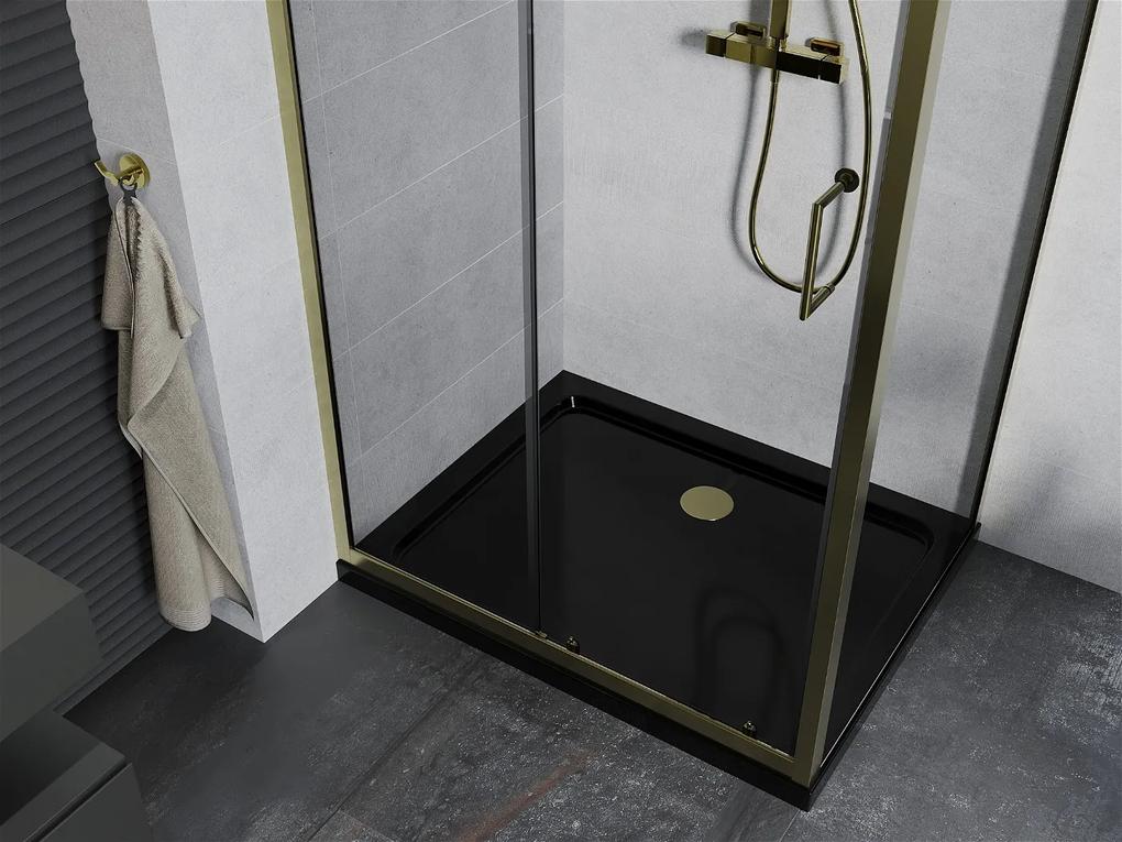 Mexen Apia sprchovací kút s posuvnými dverami 140 (dvere) x 70 (stena) cm, 5mm číre sklo, zlatý profil + čierna sprchová vanička SLIM, 840-140-070-50-00-4070G