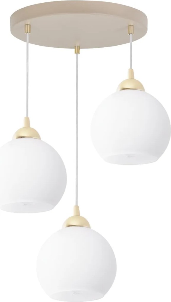 Závesné svietidlo Eliza, 3x biele sklenené tienidlo, g/be, o
