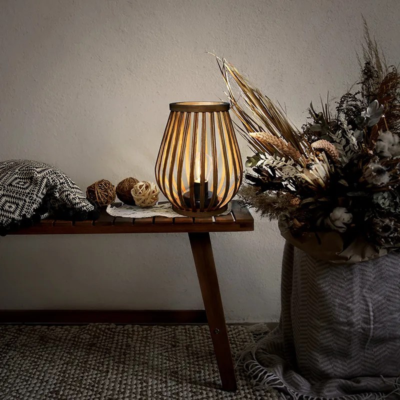 SOLIGHT Bambusový lampáš s LED žiarovkou, teplá biela, 2x AA, 20cm