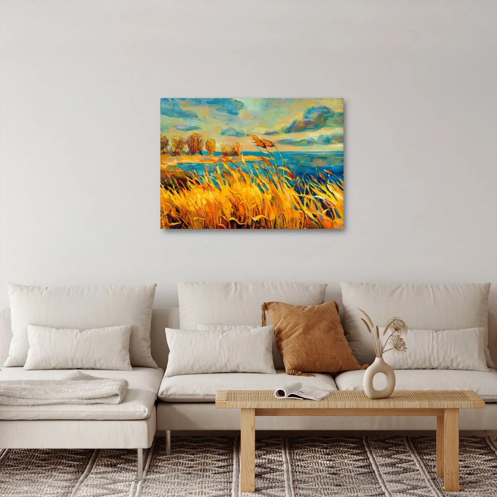 Obraz - Západajúce slnko nad jazerom, akrylová maľba (70x50 cm)