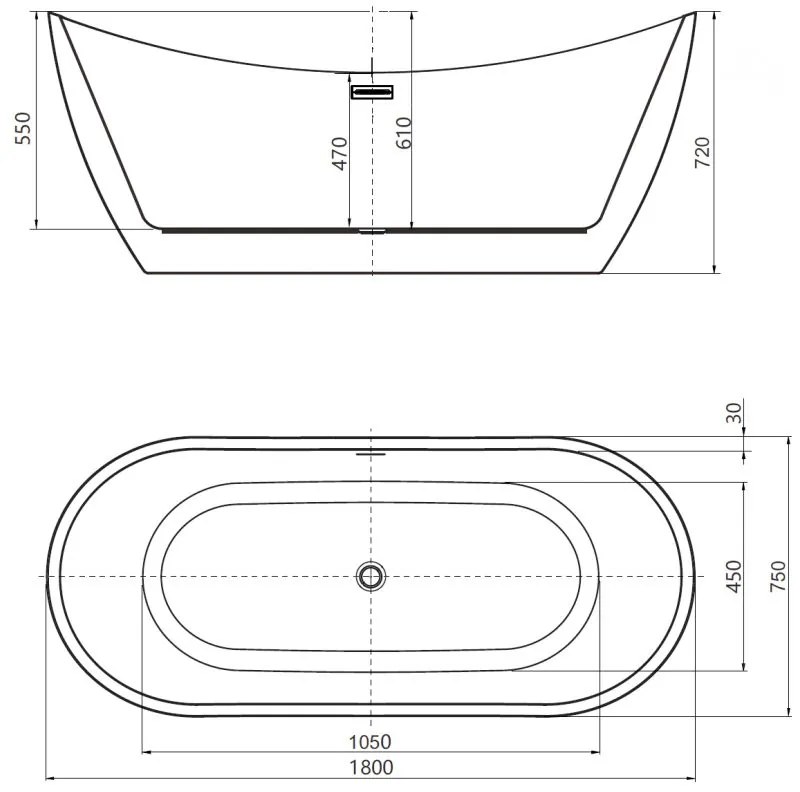Mexen Lotos, voľne stojaca vaňa 180 x 75 cm, biela, čierny prepad, 52051807700-70