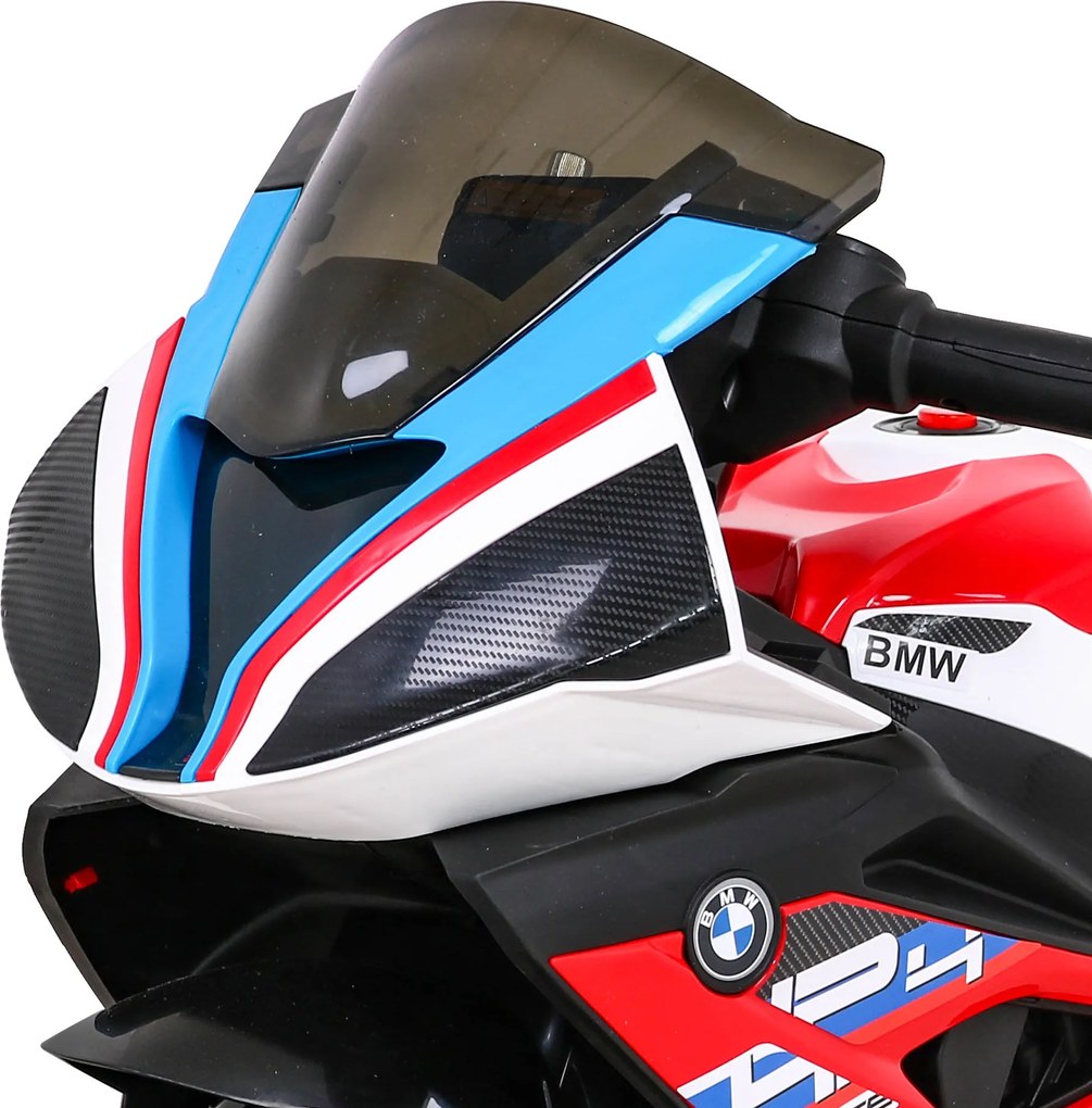 Ramiz BMW HP4 detský motocykel na batérie červený + 3 kolieska + LED + MP3 USB + ekokoža