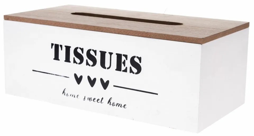Drevená krabička na vreckovky Home sweet home biela, 24 x 12 x 9 cm