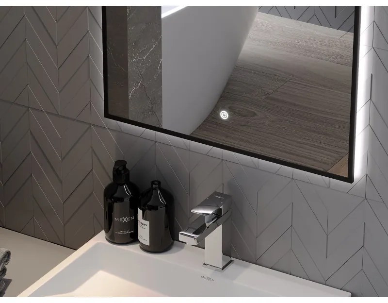 Mexen Erma, LED kúpeľňové zrkadlo s podsvietením a čiernym rámom 80x60 cm, 6000K, ochrana proti zahmlievaniu, 9814-080-060-611-70
